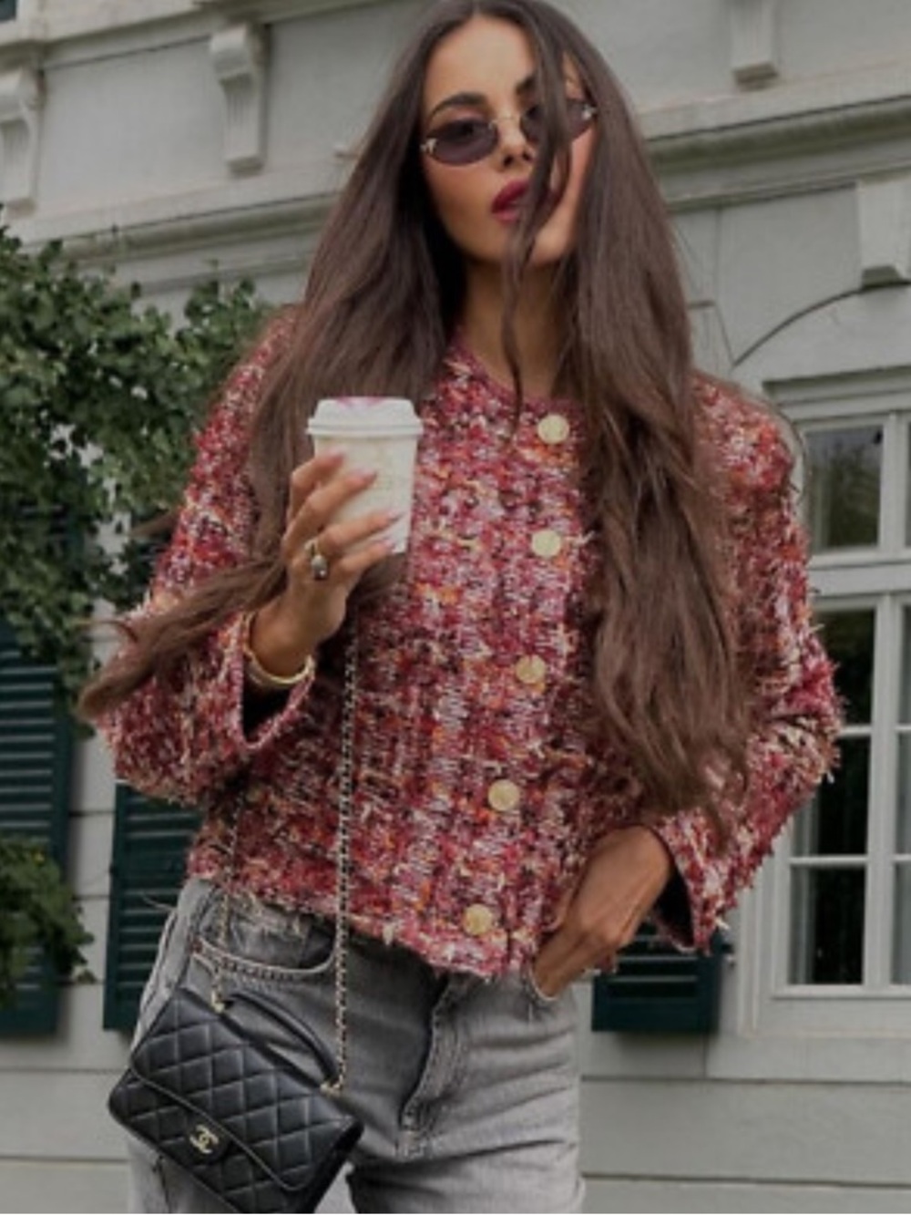 Zara Textured Tweed Cardigan Jacket Burgundy Gold Button Cropped Chanel Inspired